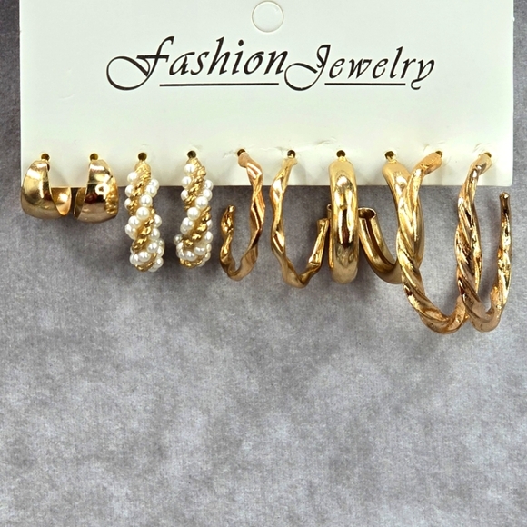 Gold Hoop Dangle Set of Five Pearl Spiral Dangle Earrings Fashion Jewelry JB2-62 - Picture 1 of 4